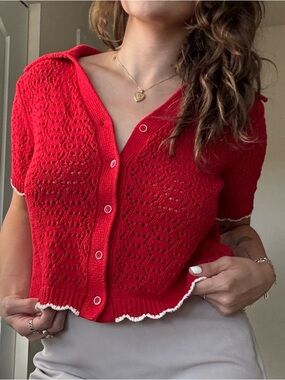 Red Cropped Button-Up Knit Top - Women's